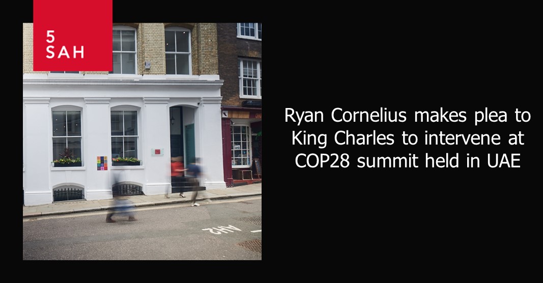 Ryan Cornelius makes plea to King Charles to intervene at COP28 summit held in UAE @BenCAKeith and Rhys Davies represent Ryan Cornelius on a pro-bono basis. He is being held in a Dubai jail having served 15 years in prison already bit.ly/5SAHRyanCop28 #Cop28
