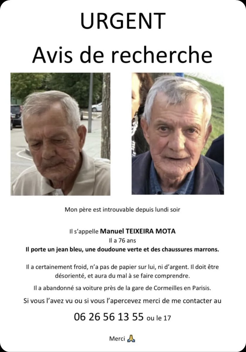 RMFrench_'s tweet photo. 🚨🚨 Salut l’équipe, le père d’une amie a disparu entre Argenteuil et Cormeilles dans le 95 depuis lundi!
Ceux de la zone si vous avez des infos écrivez nous ou direct au numéro affiché et pour les autres un RT peut être utile svp. 

Merci à tous 🙏🏽 https://t.co/uSJ8JqdWPa