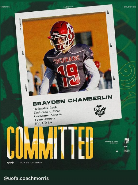 brayjchamberlin's tweet photo. I’m extremely proud and honored to announce my commitment to @UABearsFootball in 2024! Thanks @UACoachMorris for this great opportunity! Thanks to all my Cochrane Cobras and Team Alberta coaches for helping me become the player I am.@FootballAlberta @coachmcnab20 @cochranenow https://t.co/25DNOciKKA