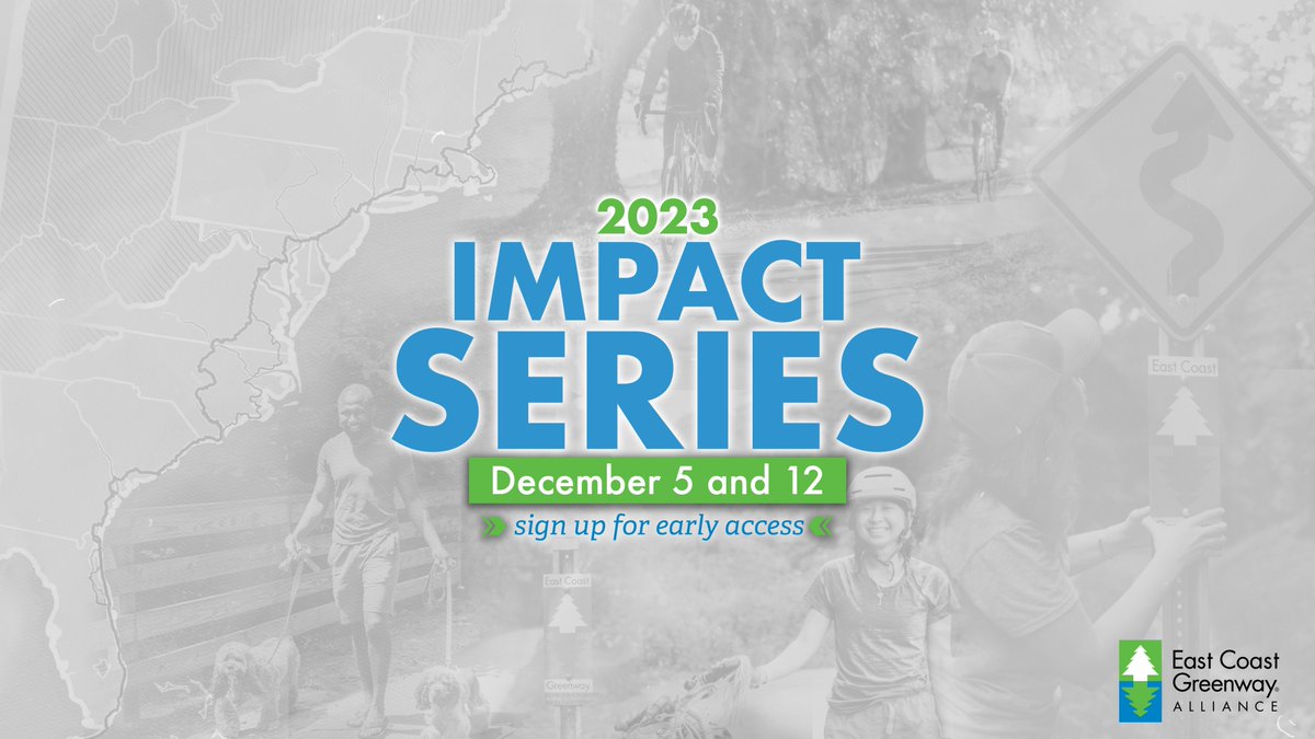Make plans to join the East Coast Greenway Alliance team for our annual Impact Series, highlighting the impactful work of the Alliance throughout 2023 and a look ahead to what's next! 

Register for early access to each episode ➡️ support.greenway.org/a/impactseries…