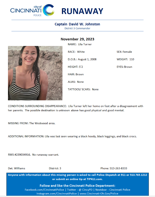 CincyPD's tweet photo. Please help us locate 15-year-old Lila Turner. If you've seen her, please call Det. Williams at 513-263-8333. https://t.co/SEZjKtrH9B