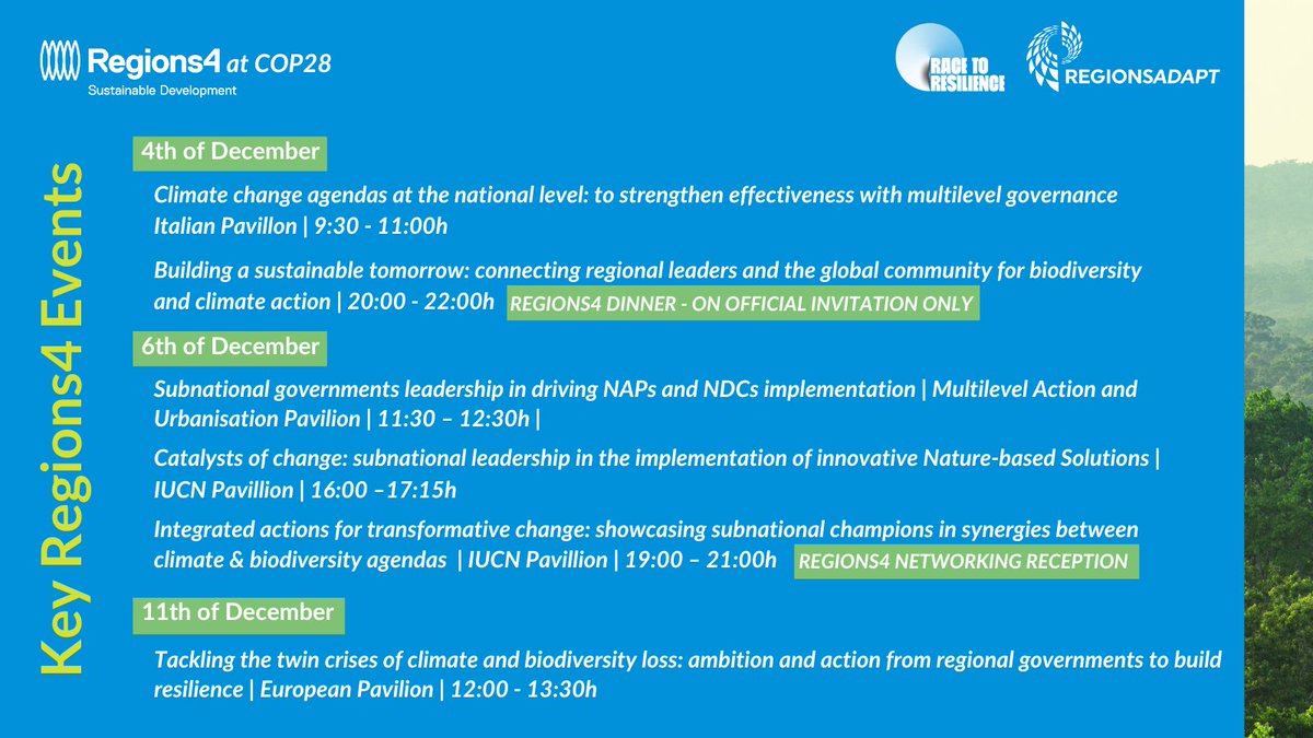 Regions4SD's tweet photo. At #COP28, together with partners, #Regions4 main goal is to disseminate and amplify the impact and importance of #subregional actions for achieving #ClimateResilience 🎯🏞️

Discover more about our plans for the next 2 weeks and tell us yours! 👇🏼👇🏿👇🏽 https://t.co/cUCyZ4o4Yi
