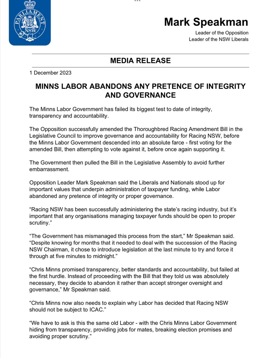 The Minns Labor Government has failed its biggest test to date of integrity, transparency and accountability – refusing to pass its own Racing NSW Bill, after changing its position on the Bill three times tonight.
