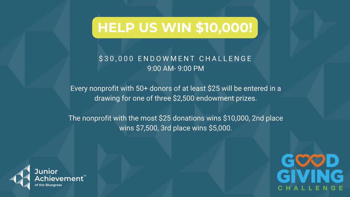 JABluegrass's tweet photo. HELP JA WIN $10K! Donate $25 or more today 9A-9P

The nonprofit with the most $25 donations
wins $10,000, 2nd place wins $7,500, 3rd
place wins $5,000.

Donate here:
https://t.co/yjOiRxEuJh

#GoodGivingChallenge #BGgives #JABluegrass https://t.co/mytpIWaUdN