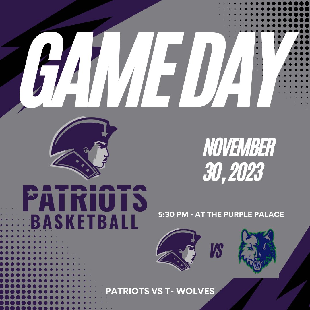 IT’S GAMEDAY!! Your Patriots will play TONIGHT at THE Purple Palace vs Fulbright! JV tips at 5:30pm and Varsity tips at 6:30pm! Make sure to wear your purple and #packthepurplepalace #Patriotway #TGHT