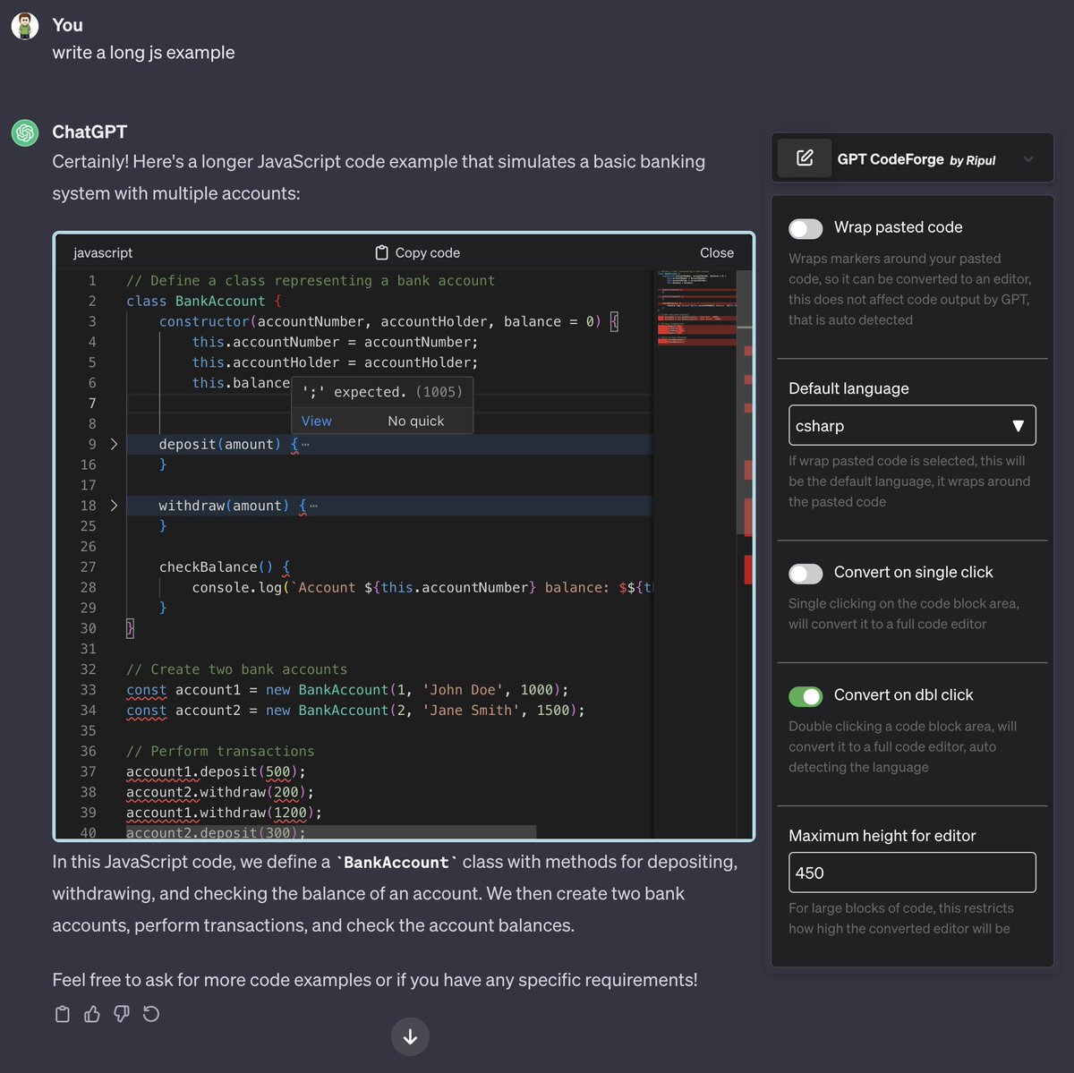 GPT Code Forge, turns Chat GPT Code output into a full blown editor.   chromewebstore.google.com/detail/gptcode…