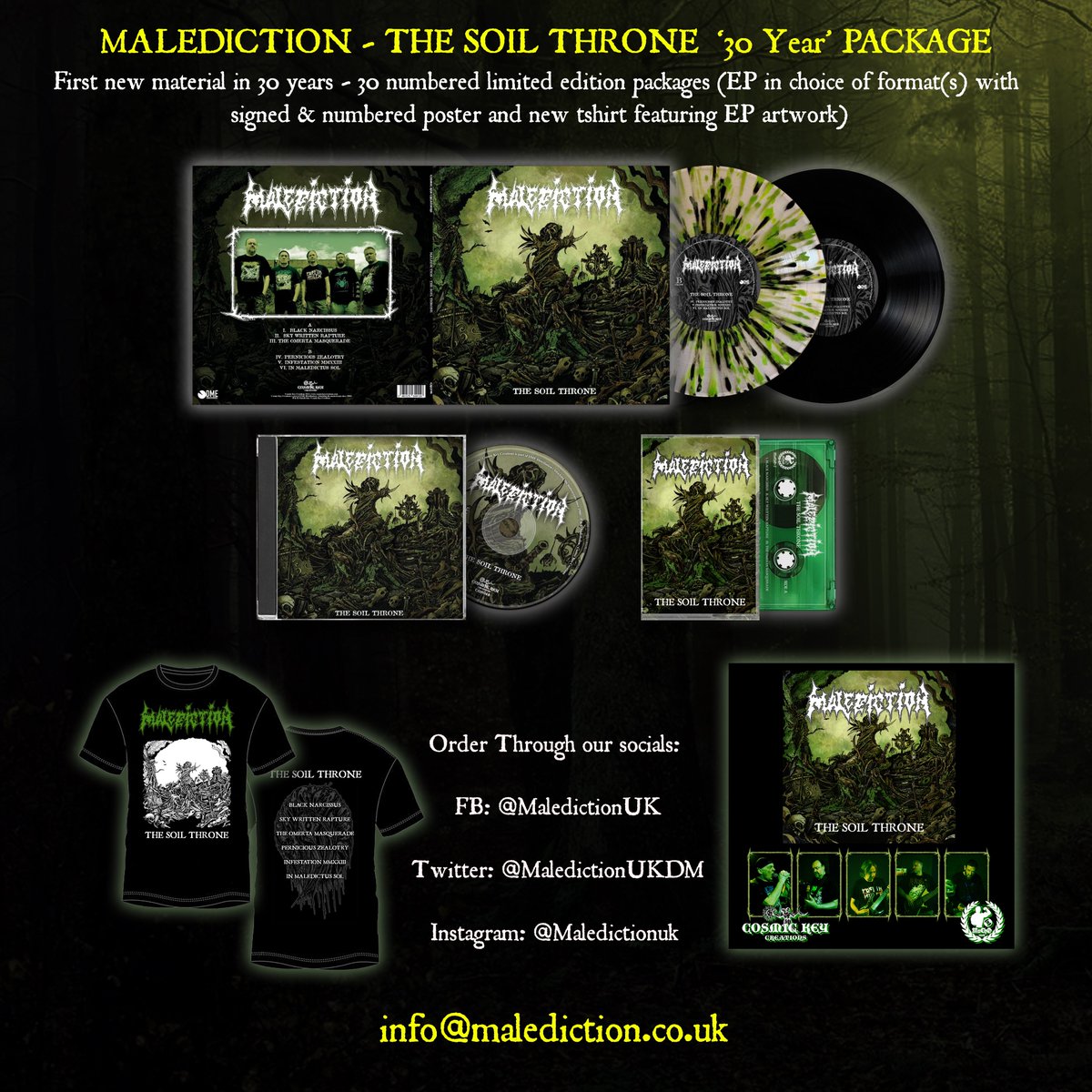 MaledictionUKDM's tweet photo. Copies of the brand new Malediction EP "The Soil Throne" are available direct from us NOW on 12" vinyl (on black and clear with black and green splatter), CD and cassette. https://t.co/dRCrttkYjZ