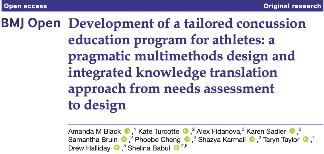Curious about how the #concussion ed <a href="/cattonline/">cattonline</a> course for varsity student athletes in CAN🇨🇦 with &gt;10562 certificate completions by 47/56 <a href="/USPORTSca/">U SPORTS</a> institutions was developed?

🚨Check out our new publication🚨

bmjopen.bmj.com/content/13/11/…