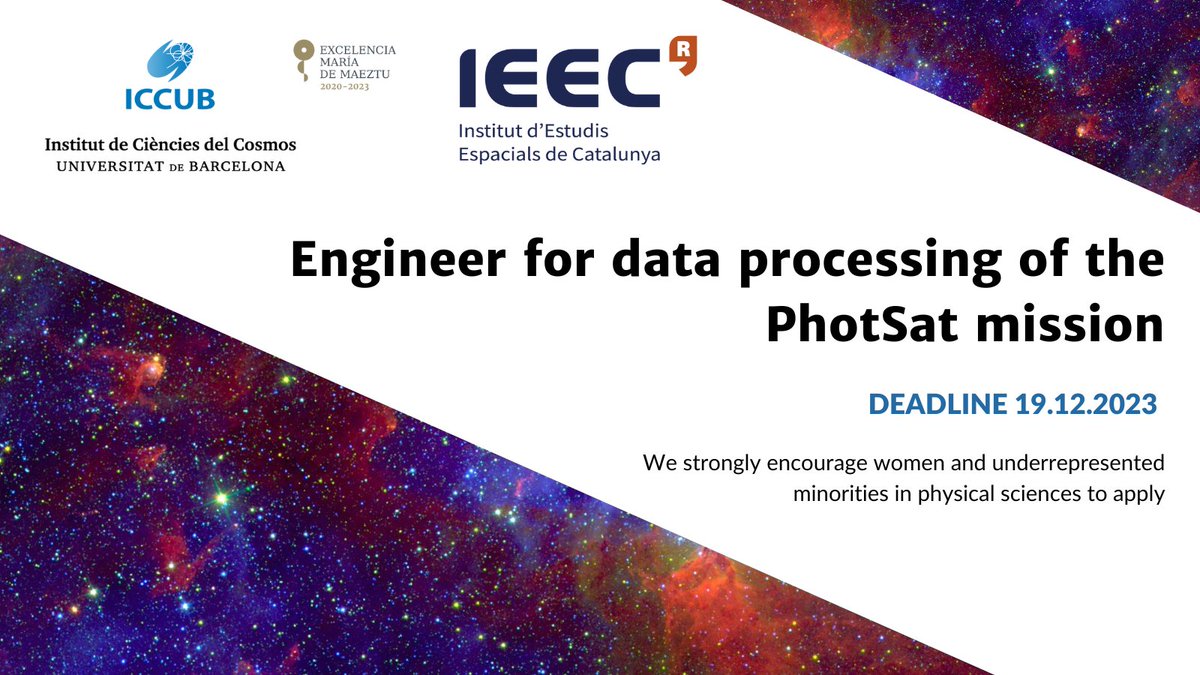 ICC_UB's tweet photo. 🔴#Job | 🛰️The #ICCUB-@IEEC_space is looking for a junior engineer to join the design and implementation of a system for the management, monitoring, storage, processing, and publication of photometric data received from #PhotSat mission
🔗https://t.co/F33eMtFgea
#Newspace https://t.co/6LYqTNal6P
