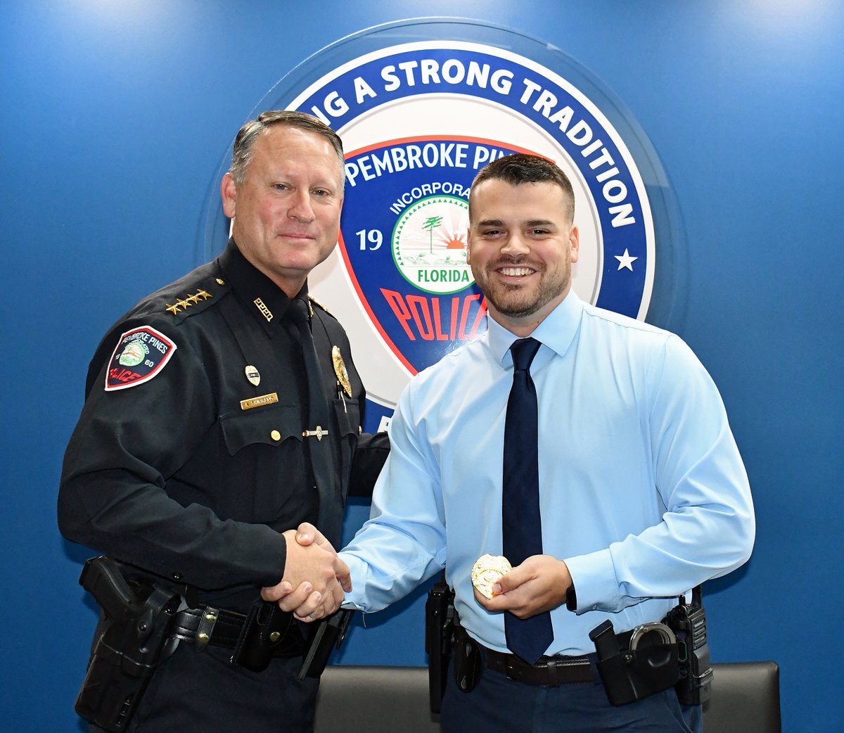 Congratulations to Officer Kevin Rodriguez, who was presented with his Detective badge today by Chief Kipp Shimpeno. Detective Rodriguez will be joining our Economic Crimes Unit that primarily investigates fraud cases - many of which impact our vulnerable senior citizens.