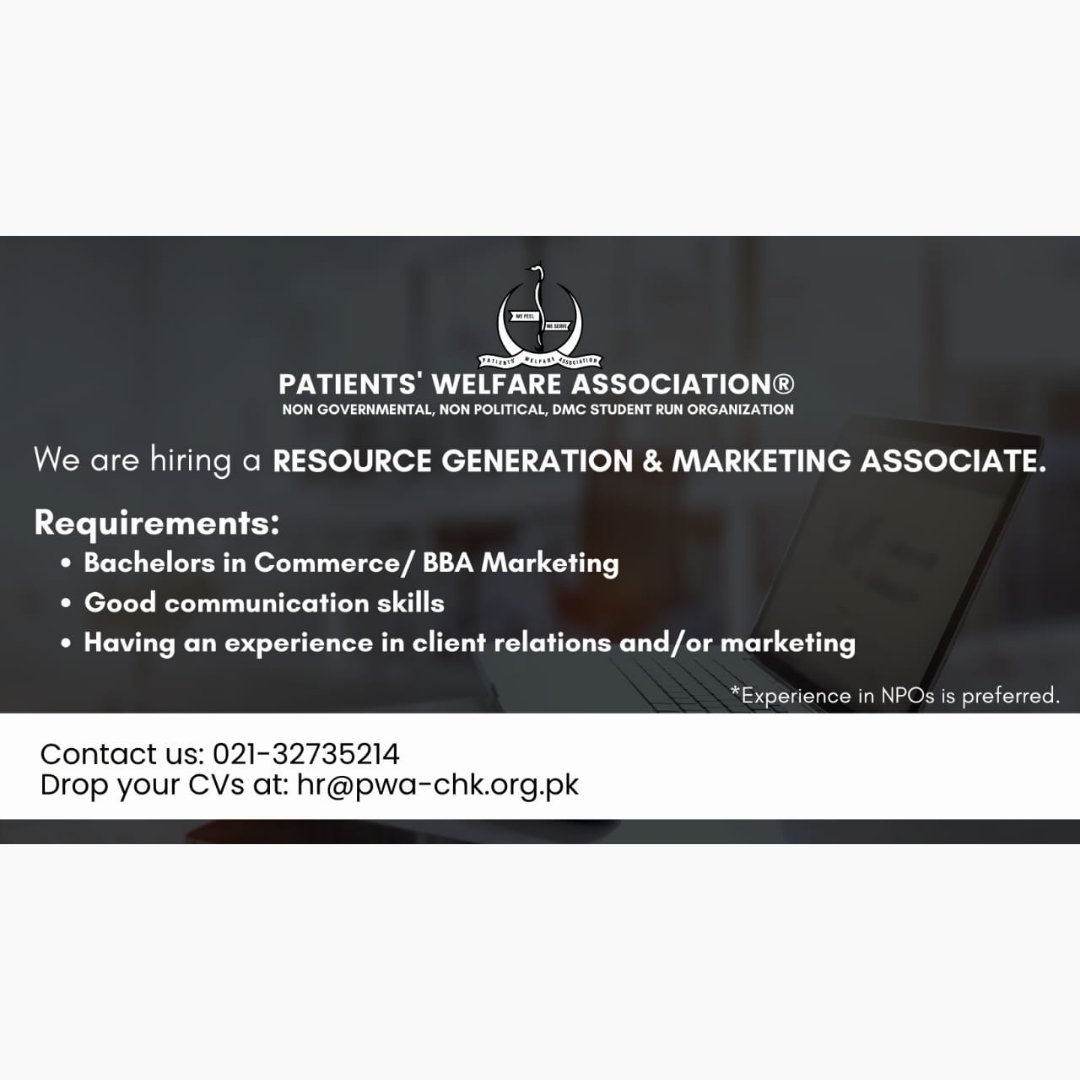 pwachk's tweet photo. PWA is looking for an efficient Resource Generation and Marketing Associate for its Resource Generation Department.
Candidates having an experience in marketing and have worked in an NGO/NPO will be given preference. https://t.co/CRlZGgYKYc