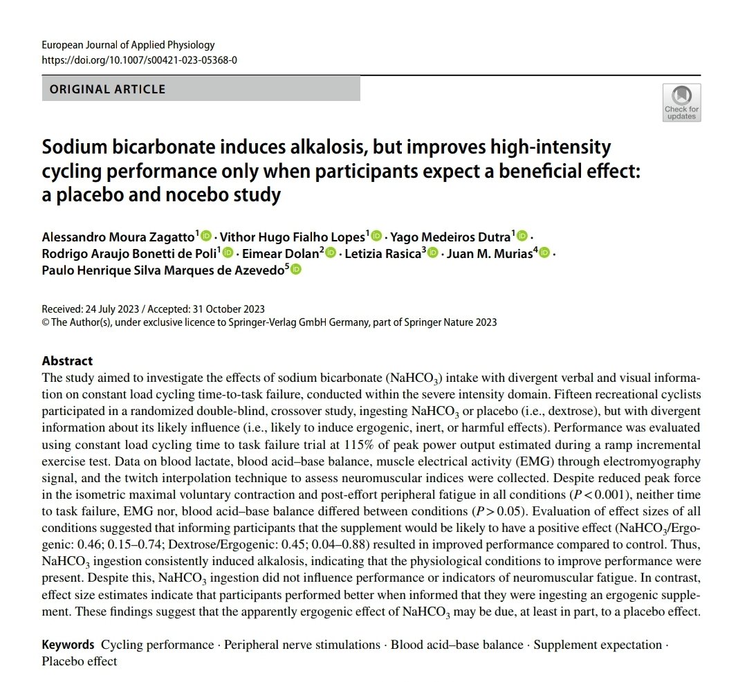 By introducing a placebo and a nocebo condition for the 
same NaHCO3 supplementation, this study investigated the 
efect of sodium bicarbonate ingestion on cycling time to 
task failure performance during a short single bout of exer-
cise within the severe intensity domain.
