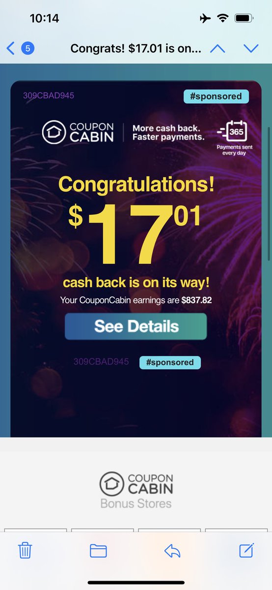 Thanks <a href="/CouponCabin/">CouponCabin</a> for the cash back on every day purchases!!