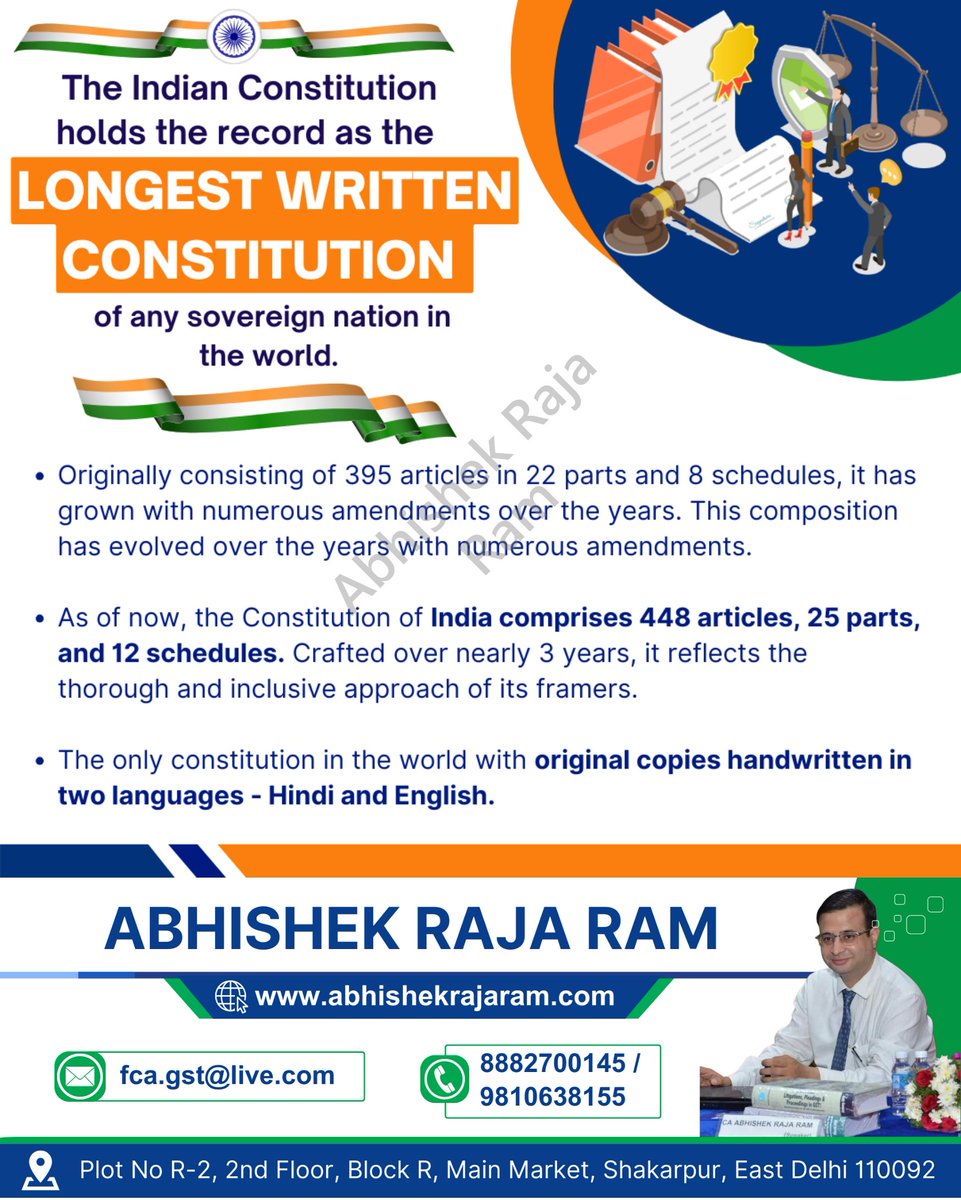 abhishekrajaram's tweet photo. The Indian Constitution holds the record of the
LONGEST WRITTEN CONSTITUTION of any sovereign nation in the world.

 #IndianConstitution #LongestConstitution #SovereignNation #WorldRecord #Democracy https://t.co/dOL5OxdWhg