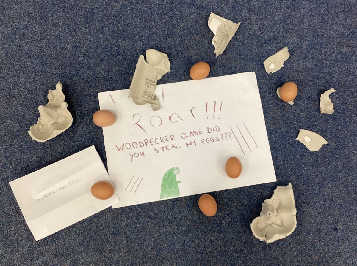 In Woodpecker Class today, we had another unexpected visit from a strange creature! Interestingly, it came with another warning… #warning #writing #dinosaurs