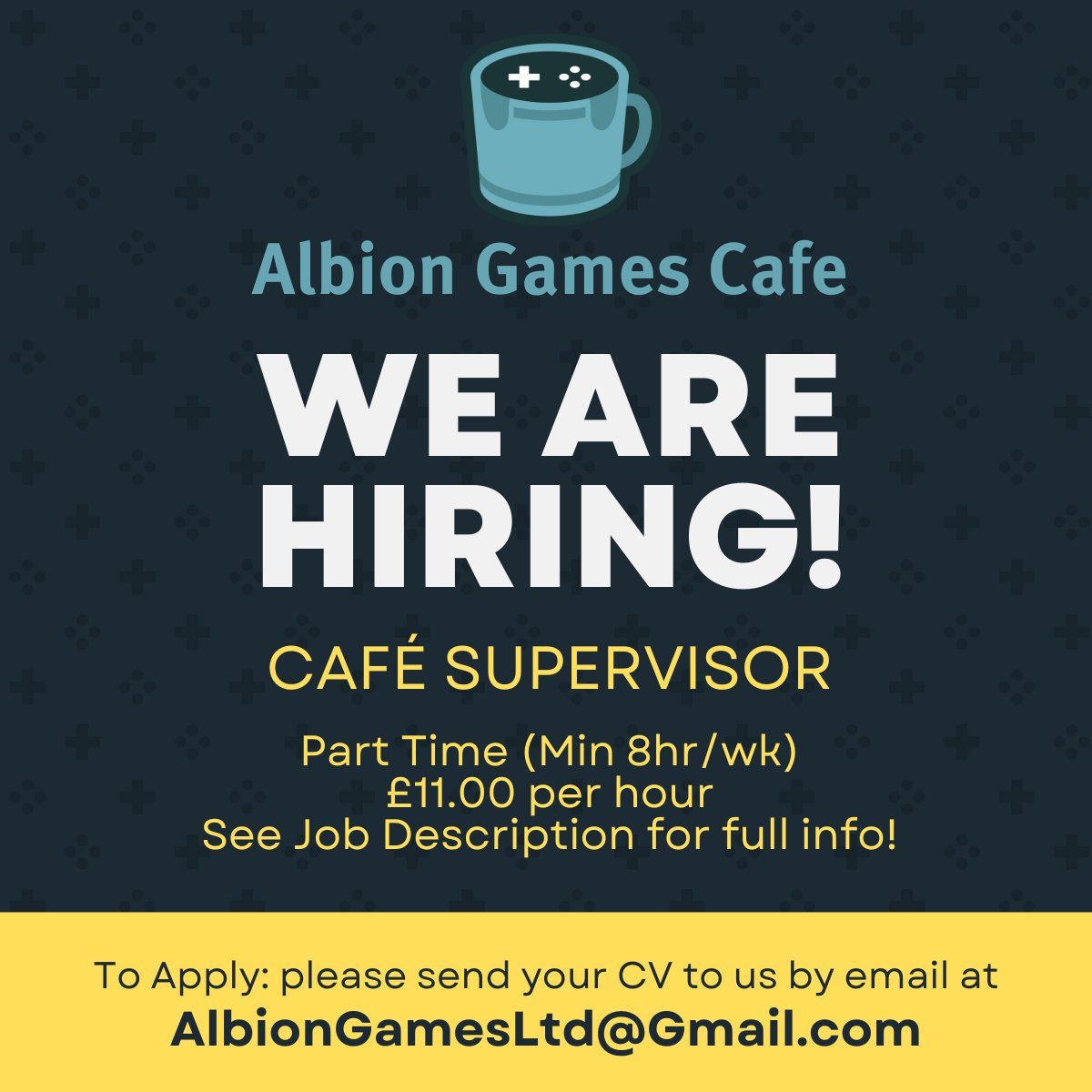 AlbionGamesCafe's tweet photo. WE ARE HIRING!!!

The Albion Games Café is looking to hire a new member of the team in Norwich!

This role is part time with a minimum of 8 hours a week, with opportunity to increase hours and pay in the future.

Interested? See how to apply in the replies below! ⬇️⬇️⬇️ https://t.co/I2KCIgwxUv