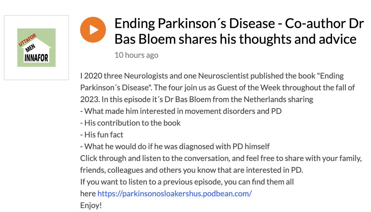 My favorite part of this new Norwegein podcast is when they ask @basbloem what he would do if he was diagnosed with #parkinsons himself. This is the 4th of a series of interviews with the authors of @endingpdbook parkinsonosloakershus.podbean.com/e/ending-parki…