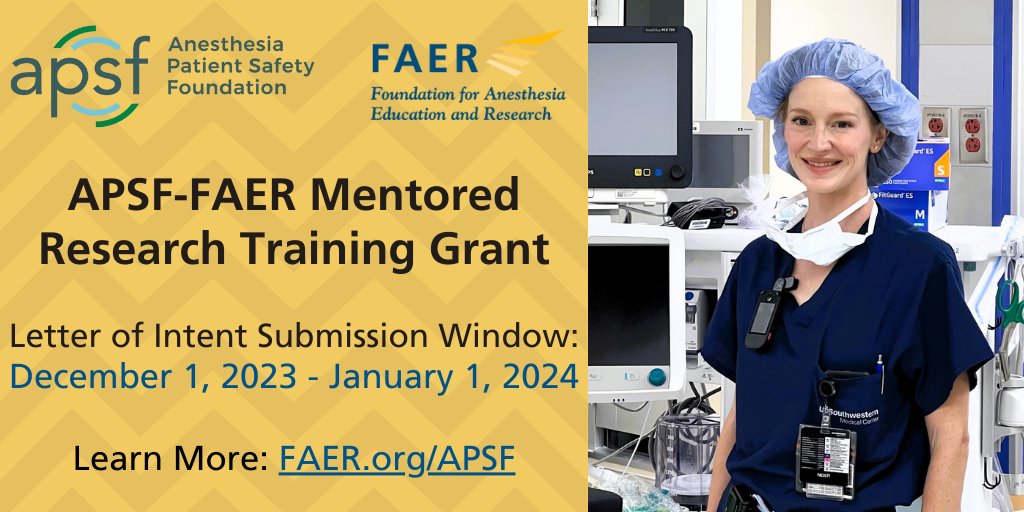 Apply for the APSF-FAER Mentored Research Training Grant to become a leader in perioperative patient safety. $300,000 over two years! Submit your LOI by Jan 1, 2024. Full app due Feb 15, 2024. Apply now: tinyurl.com/2j2ddsat