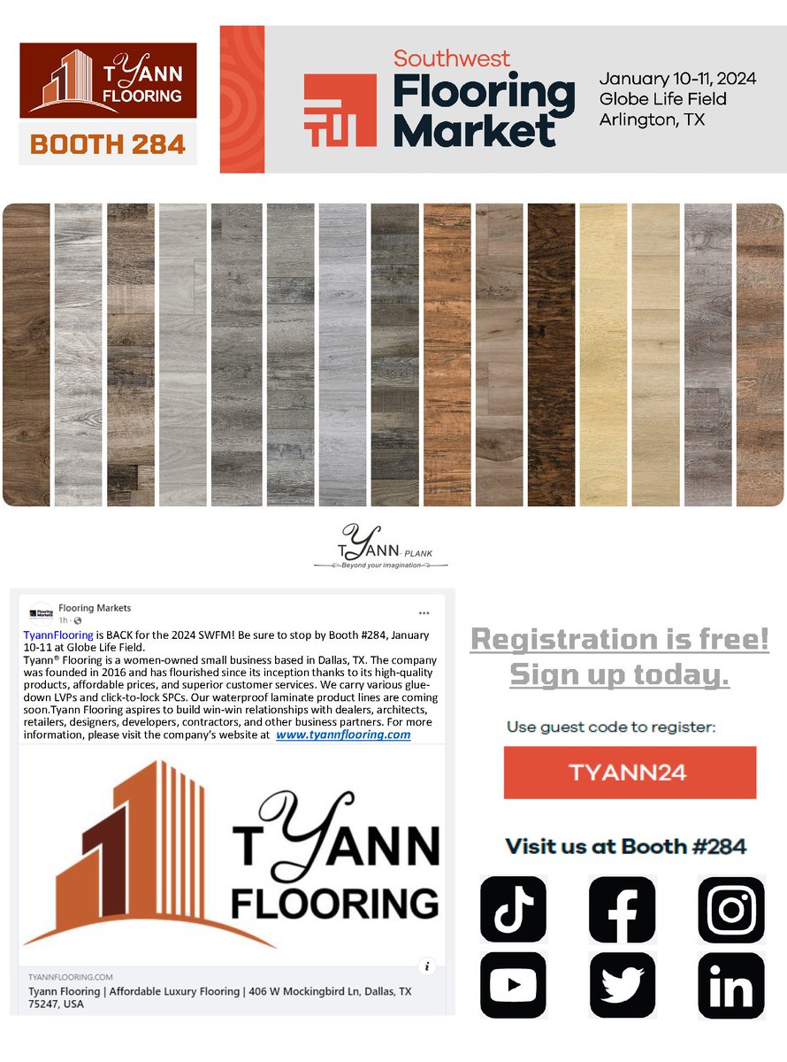 Tyann_Flooring's tweet photo. 🌟Tyann Flooring is thrilled to participate in #SWFM2024, taking place on January 10-11, 2024, at Globe Life Field in Arlington, TX.
Join us at✨Booth #284✨
Let's transform your space into something extraordinary! 🛋️
#flooring #lvp #lvpflooring #SWFM #tradeshow #Arlington https://t.co/k1KbeBU3Ol