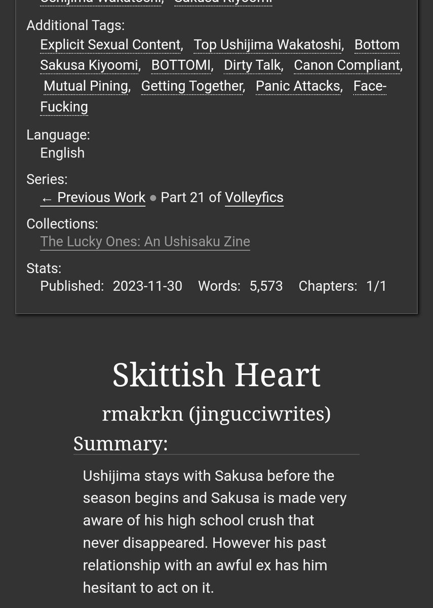 Skittish Heart | 5.5k

💜 UshiSaku 🐮😷
💜 Rated - E
💜 Ushijima stays with Sakusa before the season begins and Sakusa is made very aware of his high school crush that never disappeared.

for <a href="/ushisakuzine/">The Lucky Ones: An Ushisaku Zine</a> 

🔗⬇️