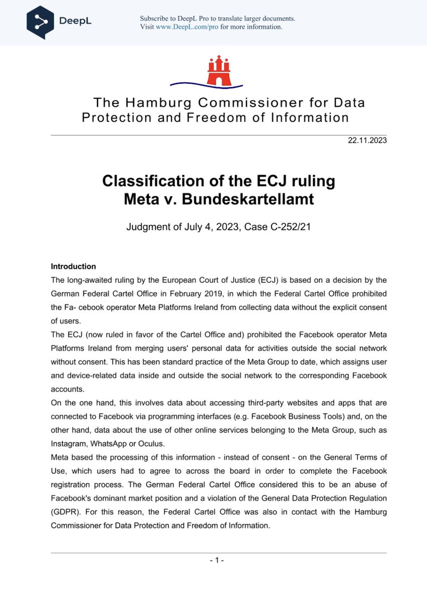 The Hamburg Commissioner for Data Protection and Freedom of Information has released a classification following the Court of Justice of the European Union judgement (C-252/21). See lnkd.in/g2gJbB5Y.