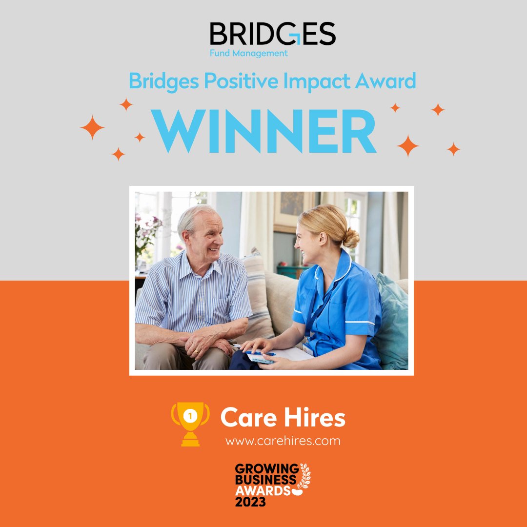 We’re delighted to announce the *Bridges Positive Impact Award* 2023 goes to…🥁 🏆@CareHires!🏆 Care Hires stood out with its exceptional #digital solution, empowering care providers & staffing agencies to run more efficient services. Huge congrats! #GrowingBusinessAwards