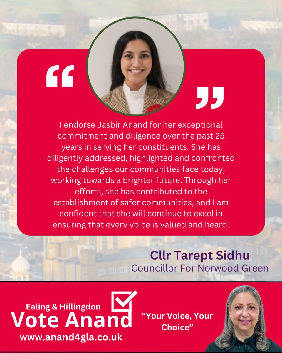 Thrilled to receive the endorsement from Cllr Tarept Sidhu! Grateful for her recognition of the hard work and dedication we've poured into building safer communities over the past 25 years. Together, we'll continue amplifying voices and shaping a better tomorrow! #Anand4GLA
