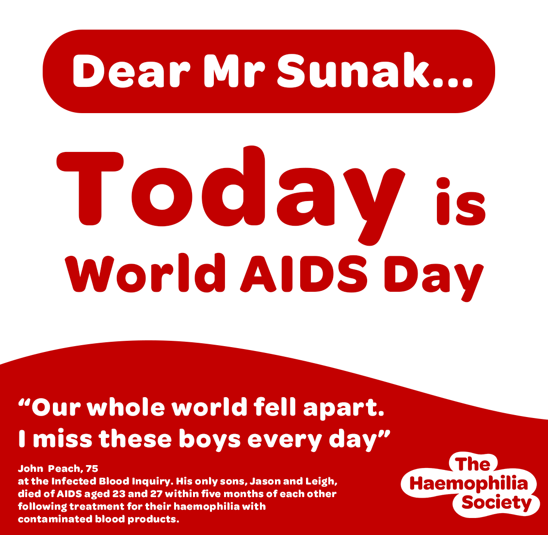 HaemoSocUK_PI's tweet photo. It’s 40 years since AIDS first emerged in the UK @RishiSunak. Today on World AIDS Day we think about the 1,243 adults and children with haemophilia who were infected with HIV through contaminated NHS treatment. Fewer than 250 are still alive. #DyingforJustice #WorldAIDSDay https://t.co/pTleNcZ1co