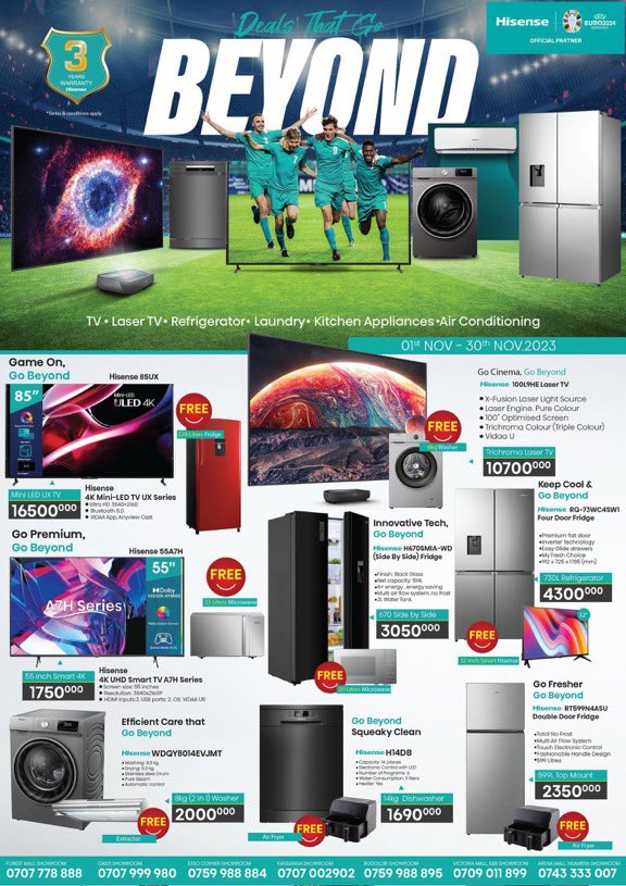 Have you got your appliance from Hisense before the offer to get a FREE appliance ends?🌚 

If not rush to these Hisense showrooms to get yours now! #DealsThatGoBeyond #HisenseEuro2024