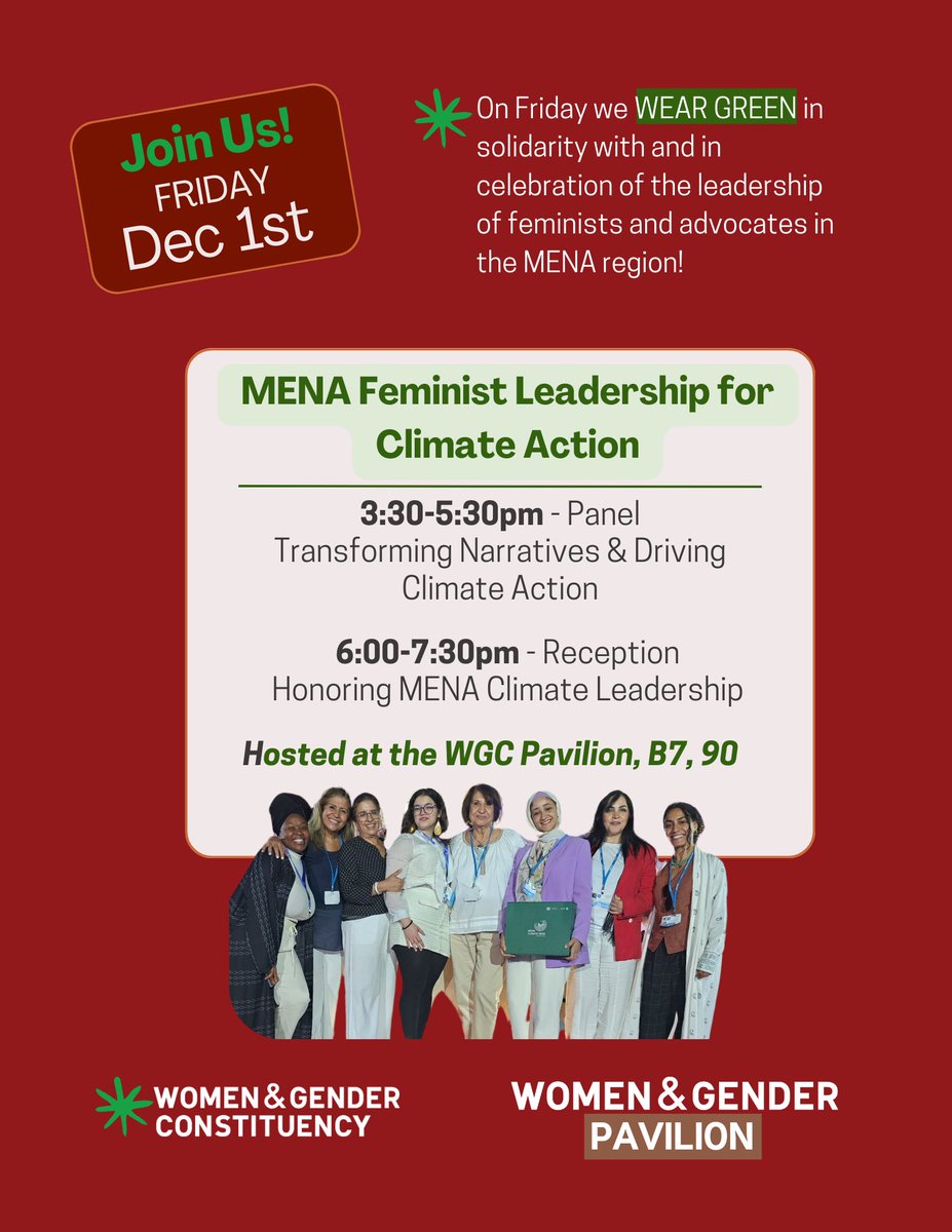 WGC_Climate's tweet photo. 📢 EVENT ALERT! 

Tomorrow, we are uplifting the voice and visibility of #feminist climate and gender advocates from the Middle East &amp; North Africa, and celebrating their leadership as we kick off our #colorcampaign! Wear 🟩GREEN🟩 in solidarity and JOIN us! #MENAFeministsCOP28 https://t.co/zTZLS8Pi5g