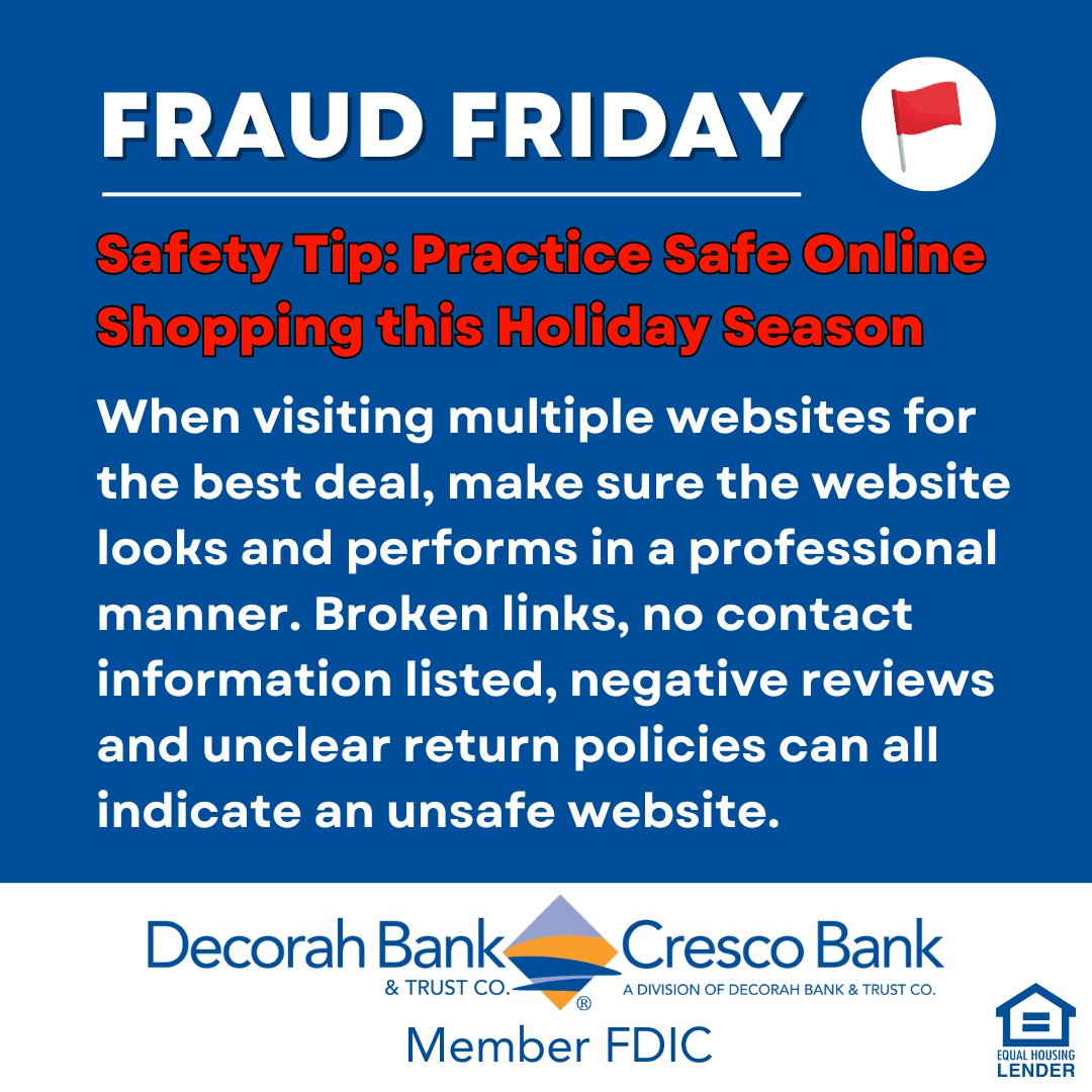 DecorahBank's tweet image. Don’t let fraudsters steal your hard-earned money! Use this safety tip to stay safe and secure. #FraudFriday 🚩
