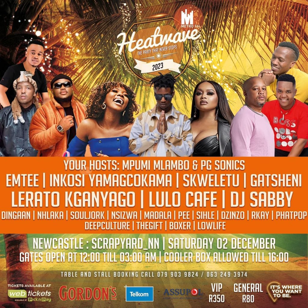 METRO FM - Newcastle Heatwave Phakama Newcastle 📣📣📣 I-METRO FM Heatwave isibuyile. I-METRO FM Heatwave izobe iseScrapyard Lifestyle eNewcastle ngoMgqibelo mhlaka 2 ku-Zibandlela. Amathikithi atholakala eComputicket kusuka ku-R80. Amasango avulwa ngo-12 emini. @METROFMSA