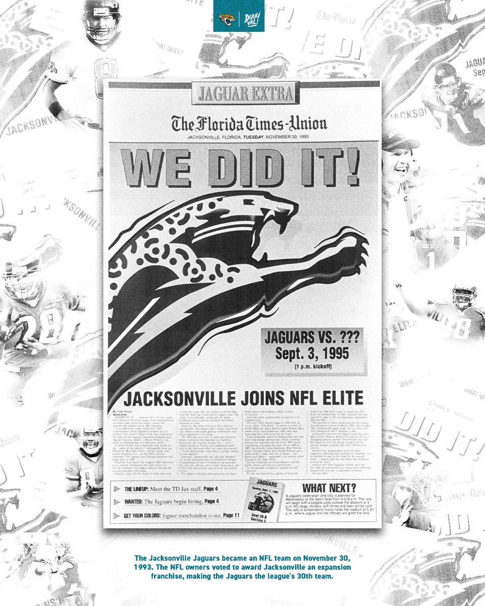 Jaguars's tweet photo. 30 years ago today, Jacksonville was awarded the NFL’s 30th franchise!

#DUUUVAL https://t.co/Z9hhf7X3Nq