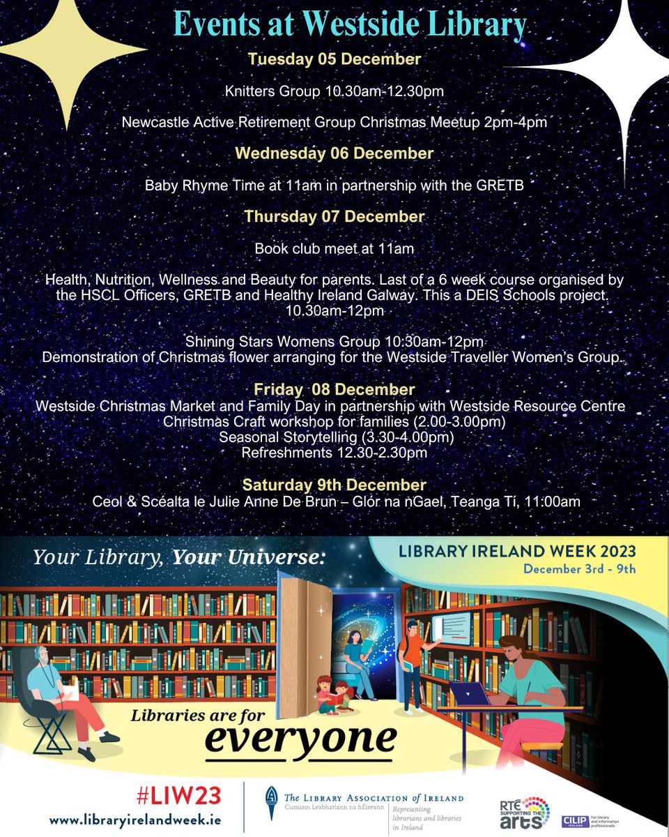 westsidelib's tweet image. It&apos;s Library Ireland Week! We&apos;ve got lots happening at #WestsideLibrary. Your Library, Your Universe. #LIW23 @LAIonline @LibrariesGalway