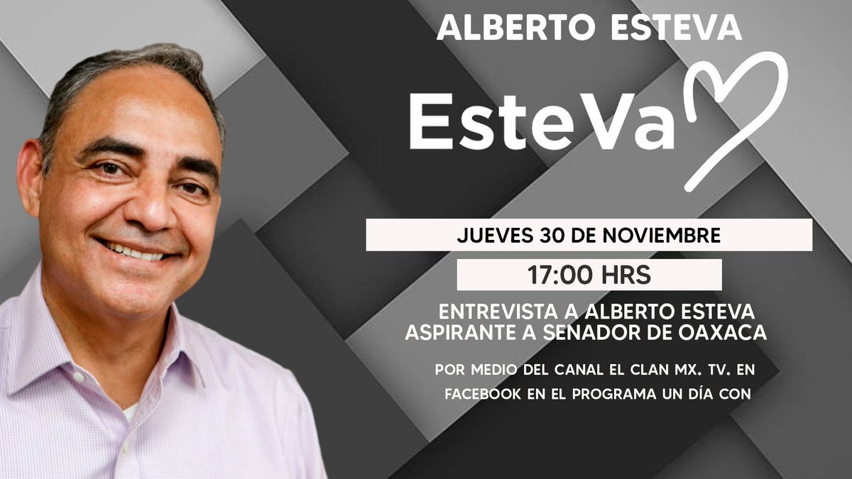 A #CorazónAbierto ♥️    No te pierdas hoy, jueves 30 de Noviembre, en punto de las 17:00 hrs por el canal de Facebook El Clan Mx Tv,  la entrevista en vivo del Lic.
<a href="/AlbertoEsteva/">Alberto Esteva +🤚</a> en el programa Un día con...