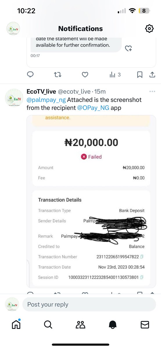 ecotv_live's tweet photo. @palmpay_ng Reverse my money @palmpay_ng please. The transaction failed according to  @OPay_NG 
@NDICNigeria please kindly intervene.
This is taking longer than expected @palmpay_ng @NDICNigeria https://t.co/Td0LuQ1jG0