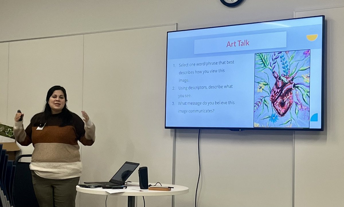 Our AP3 members discussing the connection between a piece of art &amp; outcomes. Some thoughts from today: 

“Reminds me to take care of myself so I can take care of others.”

“The heart is the center of growth.”