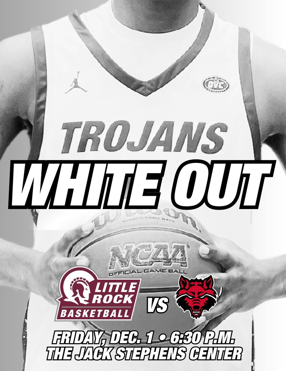 WHITE OUT for the men's basketball game against Arkansas State! Fans wear white to support your Trojans against their in-state rivals. The first students in attendance will receive white Maroon Mob shirts. Tip-off is at 6:30 p.m. 🏀 #LittleRocksTeam