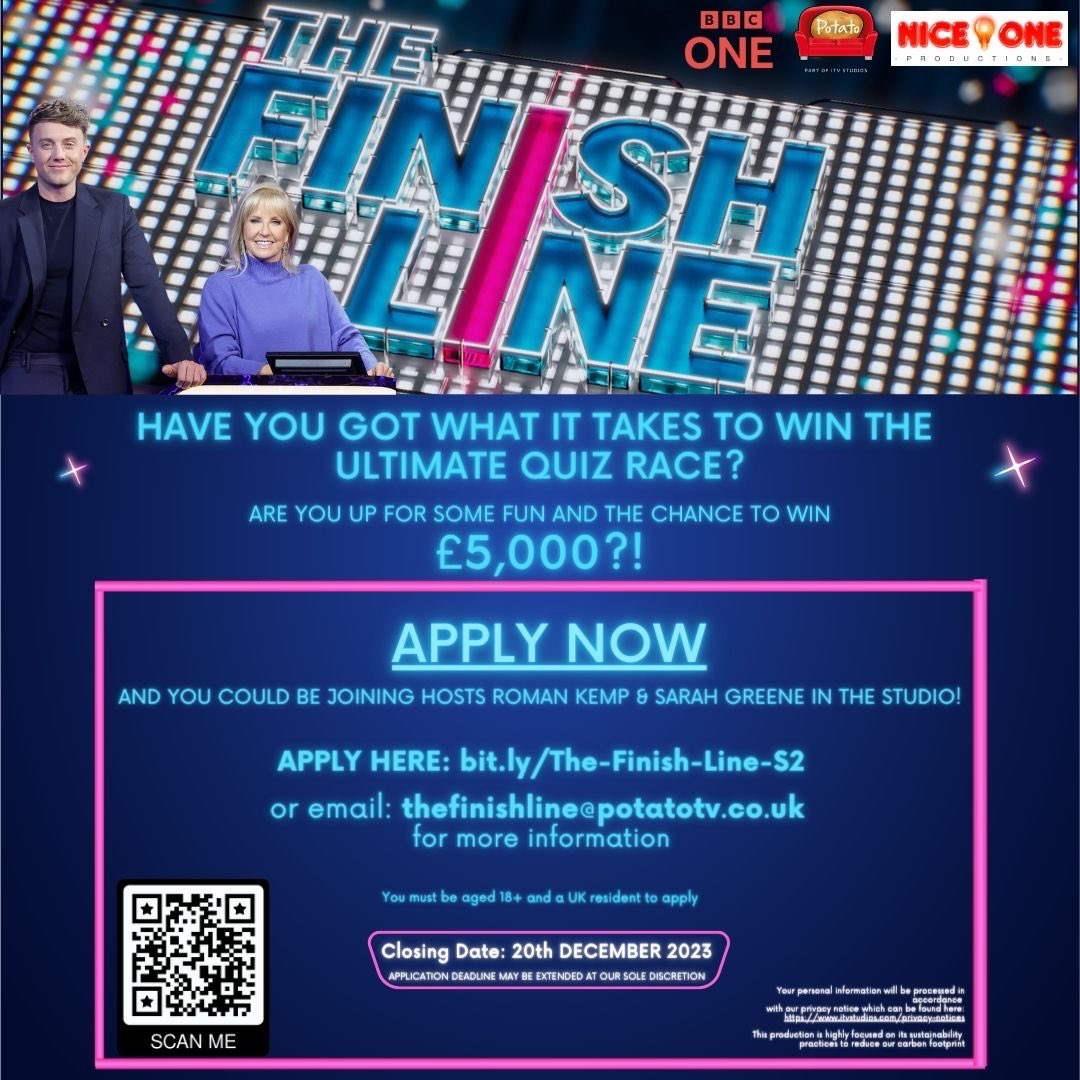 Have you got what it takes to win £5,000? Potato TV are casting now for S2 of #TheFinishLine 🚨

Click the link below to apply! 👇

bit.ly/The-Finish-Lin…

#bbc #bbcone #bbcquizshow #thefinishline #northernireland #england #scotland #wales #uk #uktv #romankemp #sarahgreene