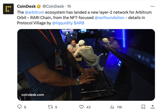 CORRECTION: The @arbitrum ecosystem has landed a new layer-3 network for Arbitrum Orbit – RARI Chain, from the NFT-focused project @rarifoundation - details in Protocol Village by @liqquidity $ARB trib.al/TufIQyv
