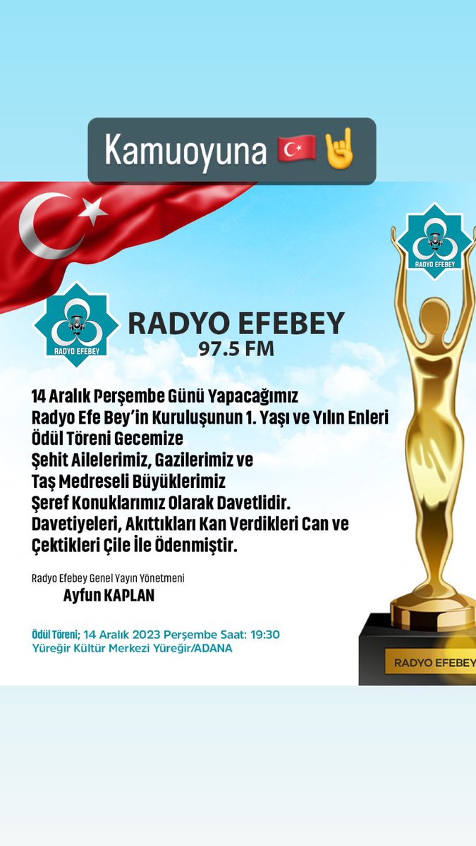 radyoefebey's tweet photo. 14 aralık Perşembe günü yapacağımız 
Radyo EfeBey’in kuruluşunun 1. yaşı ve yılın Enleri ödül Törenine Şehit ailelerimiz, Gazilerimiz ve Taş Medreseli büyüklerimiz Şeref konuklarımızdır. Davetiyeleri ,akıttıkları kan verdikleri can ve çektikleri Çile ile ödenmiştir. 
Radyo Efebey https://t.co/lDRHm5QBee