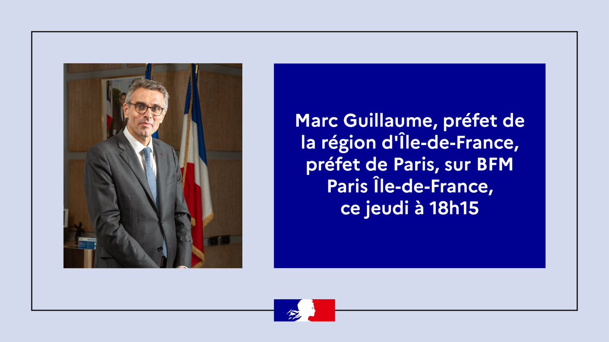 Prefet75_IDF's tweet photo. 🎥 #Interview 

Marc Guillaume, préfet de la région d’Île-de-France, préfet de Paris, est l’invité, ce jeudi 30 novembre à 18h30 de l’émission « Bonsoir Île-de-France » sur @BFMParis au sujet du Plan Crack.

#PlanCrack https://t.co/HlFvGjKwtk