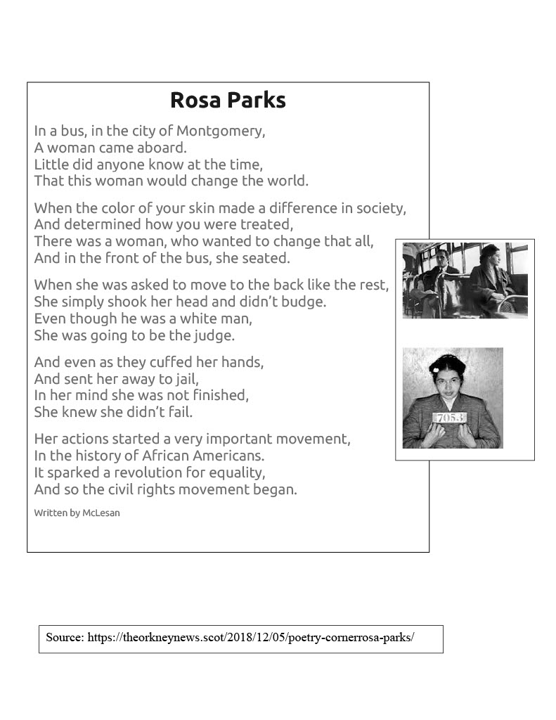 TimRasinski1's tweet photo. Fluency Fruiday!
A poem in honor or Rosa Parks  (December 1 is “Rosa Parks Day.”)
@ILAToday @ascd @DyslexiaIDA @reading_league @IMSEOG https://t.co/5KKru9WCUM