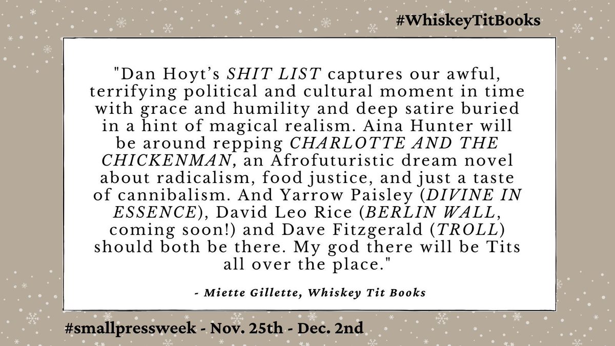 SmallPressWeek's tweet photo. This year @WhiskeyTitBooks will be sharing booth #3124 with @SFWP at #AWP24 and will be featuring the following authors at the booth: @TobiasCarroll @annabanana57, Dan Hoyt, @ainahunter, Yarrow Paisley, @raviddice, and @DFitzgerraldo!

#SPWeek23 #WhiskeyTitBooks #smallpressweek https://t.co/9GpcPKlGD5