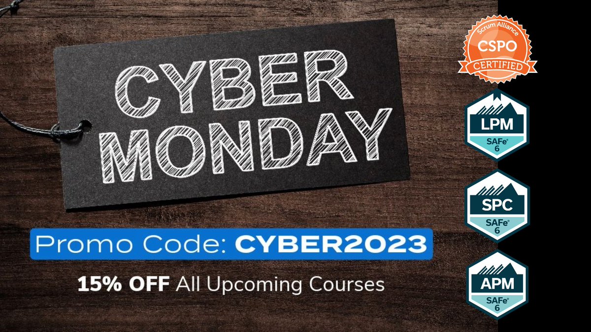 Our Cyber Monday promo is still on for #Scrum and #SAFe training!

For a limited time use promocode: CYBER2023 for 15% off all upcoming training courses.
Don't miss out, this is the perfect time to #invest in yourself.

View upcoming training: lnkd.in/euX7qers