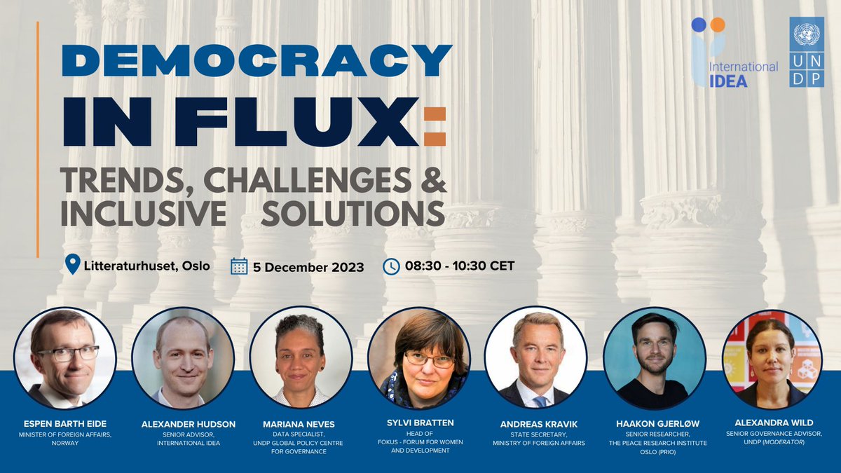 UNDPGPCG's tweet photo. Look at this star-studded line-up for our event "#Demcracy in Flux: Trends, Challenges and Inclusive solutions"🌟🤩
Tickets are going fast, so make sure to save your spot: https://t.co/ogRbezw26c
Co-hosted with @Int_IDEA 🤝 on December 5th. Join us in Oslo or Online! https://t.co/hq6Qtt9N3c