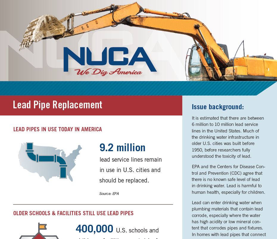 NUCA_National's tweet photo. NUCA #LeadPipe Replacement Fact Sheet:
6.1 million lead service lines remain in use & should be replaced immediately. In 2021, the White House estimated $45 billion would be required to complete this worthy public health goal. #EPA
https://t.co/QOqnKujJjM https://t.co/1U7XvPdhQC