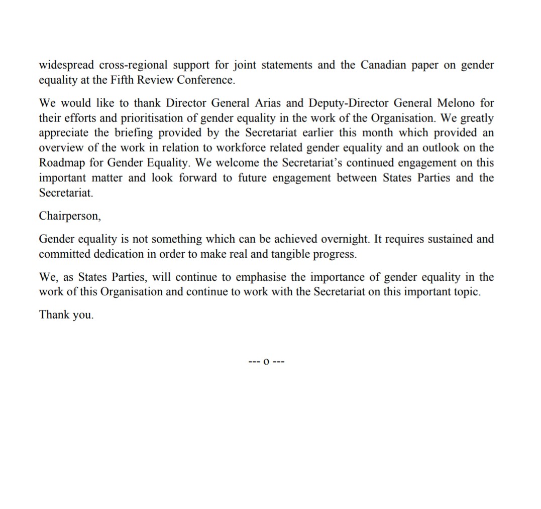 IrelandinNL's tweet photo. 🇮🇪 welcomes the support of 73 SPs on our joint statement on gender at #CSP28 @OPCW Full, equal and meaningful participation of women is essential to carrying out our work effectively. We welcome the DG and DDG's commitment to this important topic. Thanks to 🇬🇭,🇲🇽 for delivering. https://t.co/ZBnDYK40kf