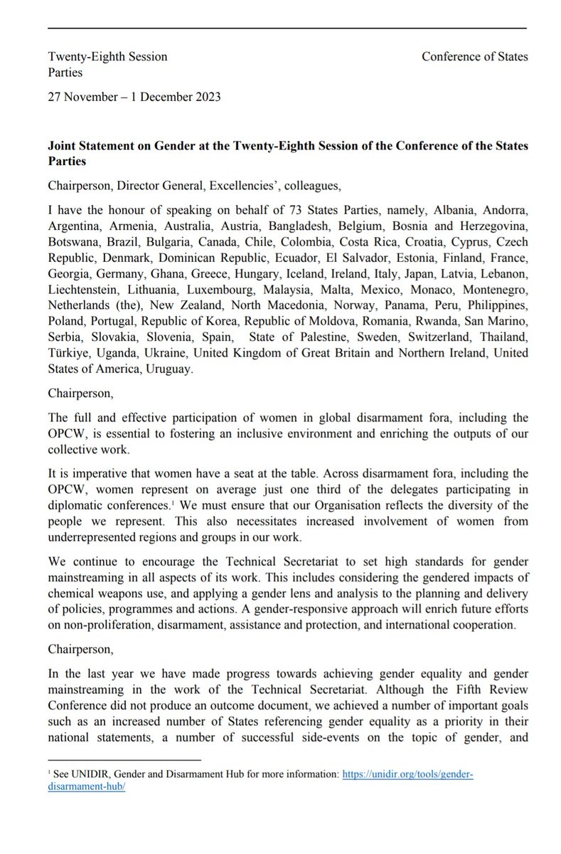 IrelandinNL's tweet photo. 🇮🇪 welcomes the support of 73 SPs on our joint statement on gender at #CSP28 @OPCW Full, equal and meaningful participation of women is essential to carrying out our work effectively. We welcome the DG and DDG's commitment to this important topic. Thanks to 🇬🇭,🇲🇽 for delivering. https://t.co/ZBnDYK40kf