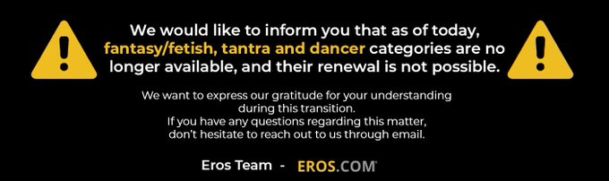 Eros deleted the BDSM category overnight, and without warning. WTF?! https://t.co/KGdyYWxzOY<a href="/tag/realloyalfans"class="tags"><span>#realloyalfans</span></a>